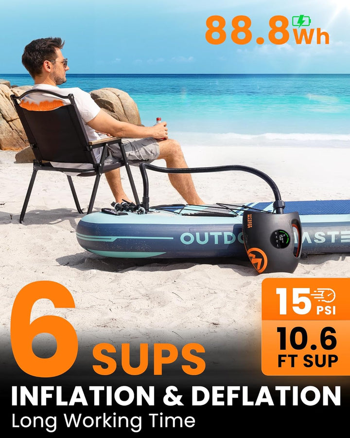 OutdoorMaster Shark 2S 88,8Wh SUP Pumpe Elektrisch mit Akku für 6 SUPs Aufblasen und Entleeren, 20PS