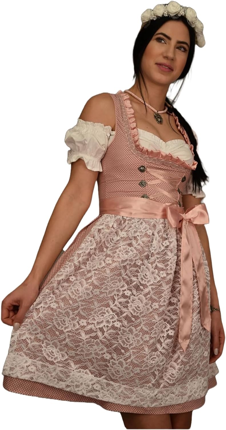 Golden Trachten Dirndl Set Trachtenkleid Rosa mit Weiss gepunktet Gr 34 bis 42 518GT (34)