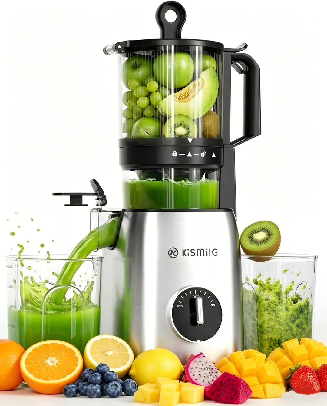 Kismile Entsafter, 135 mm Einfüllschacht für ganzes Obst und Gemüse | BPA-freie Teile, schlankes Des