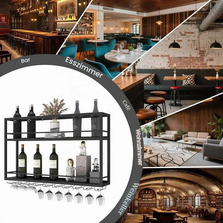 industriell wandmontierte Weinregal mit Glashalter, Schwarz Metallflaschenhalter Multi funktionaler