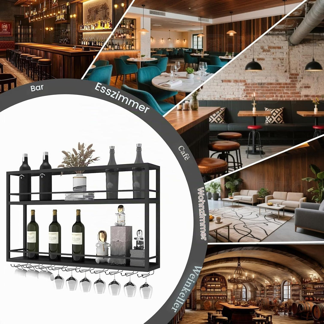 industriell wandmontierte Weinregal mit Glashalter, Schwarz Metallflaschenhalter Multi funktionaler