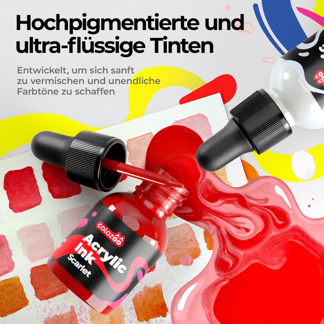 8x20ml Acrylic Ink Set, Permanent, Wasserfeste, Acryltinte inklusive 6 Primärfarben & 2 Neon Farben,