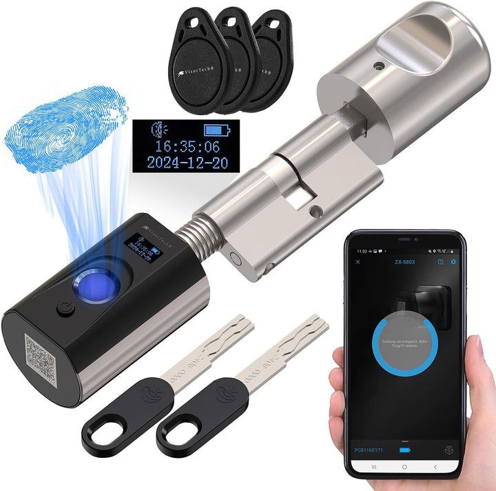VisorTech Türschloss: Elektronischer Tür-Schliesszylinder mit Fingerabdruck, Transponder, App (Türsc
