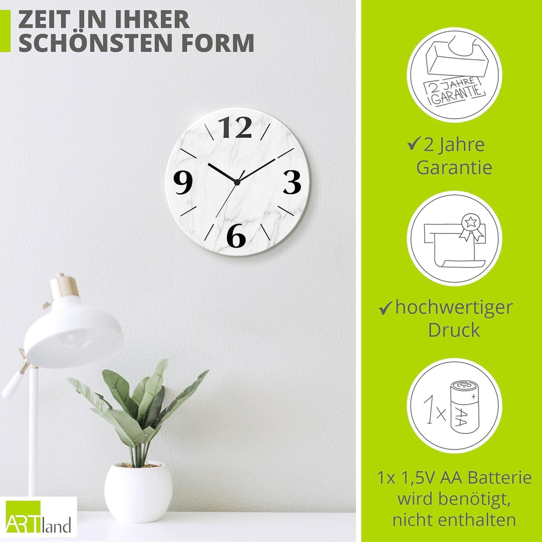ARTLAND Wanduhr ohne Tickgeräusche aus Glas Funkuhr Ø 30 cm Rund Lautlos Ø 30 cm Weisse Marmor Stein