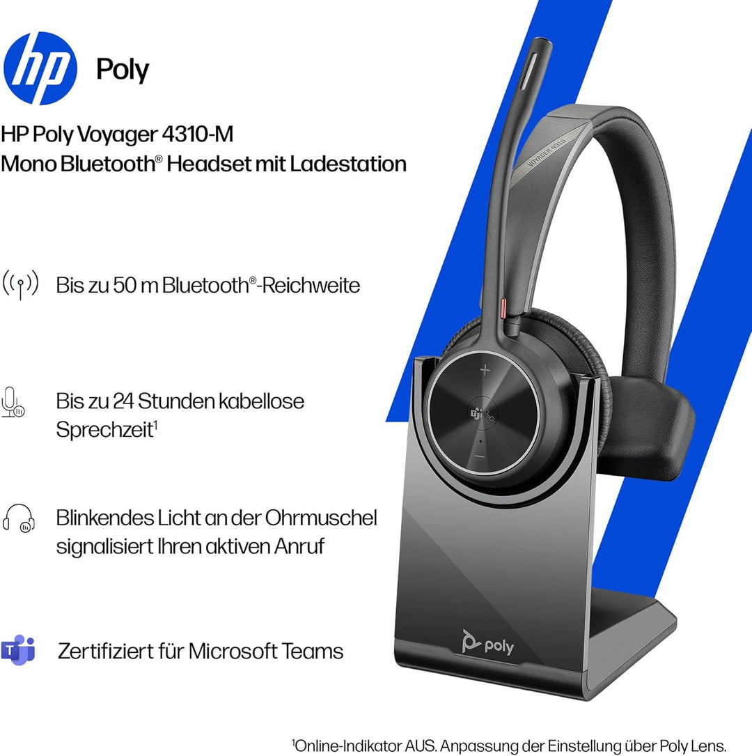 Poly Voyager 4310, schnurloses UC-Headset und Ladestation – Ein-Ohr-Bluetooth-Headset mit Noise Canc