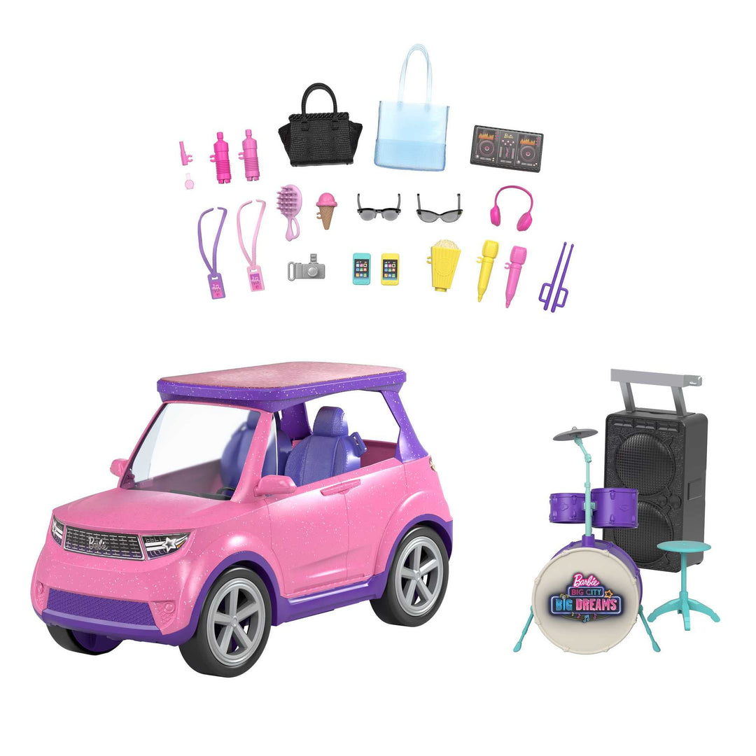 Barbie Big City Big Dreams, Auto Cabrio, 2:1 verwandelt Sich in Bühne, inkl Zubehör für Konzerte wie