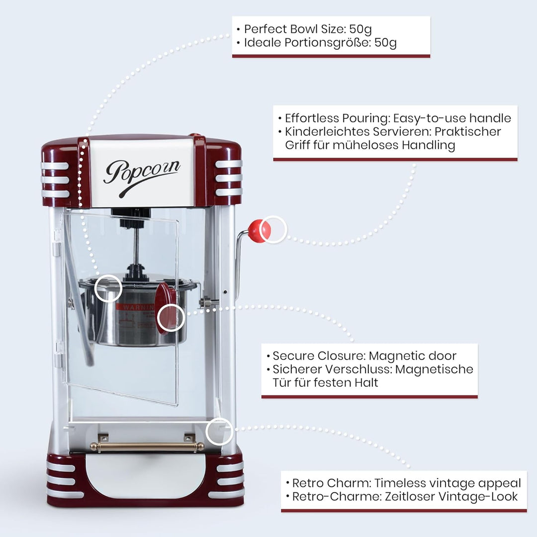Jago® Popcornmaschine Retro - 60L/h, 200g/10min, Edelstahl Topf, für salziges Popcorn - 50er Jahre L