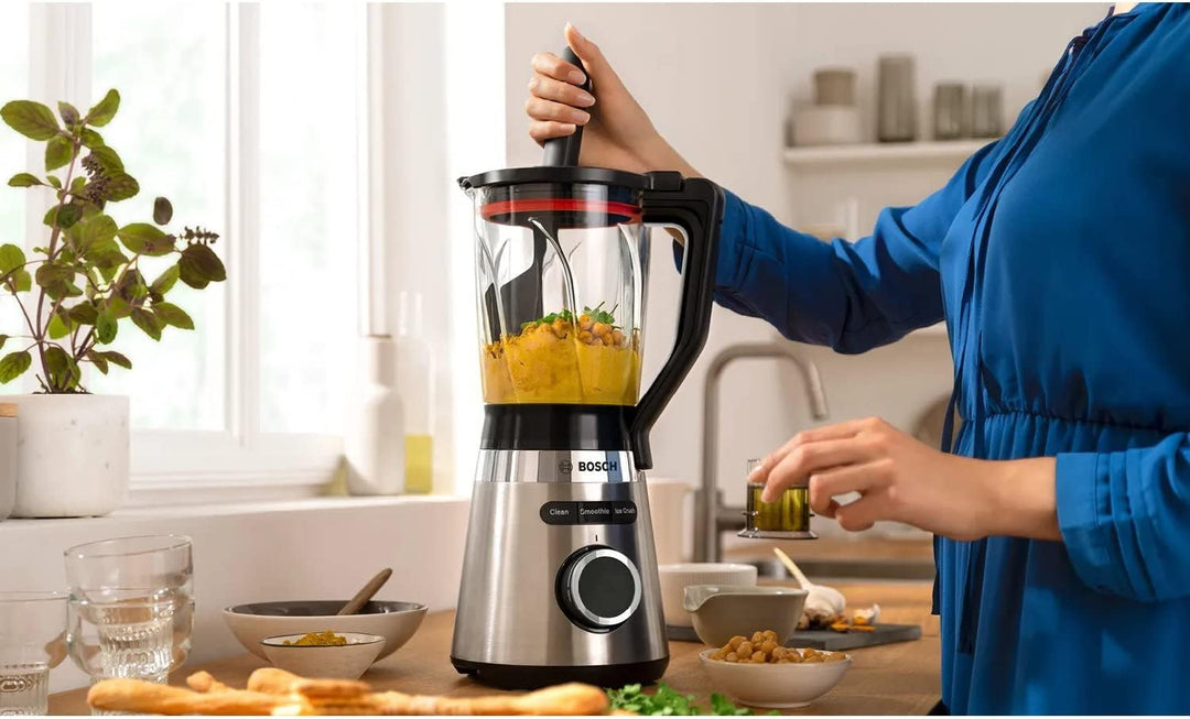 Bosch Standmixer VitaPower Serie 4 MMB6384M, Edelstahl-Klingen, 1,5l ThermoSafe Glasbehälter, Stopfe