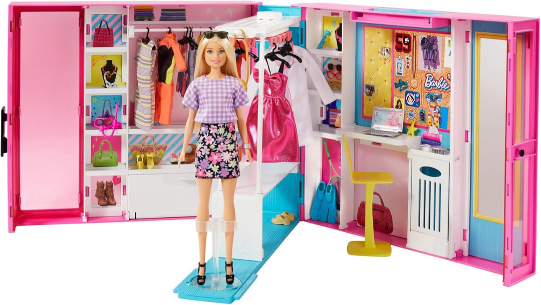 Barbie GBK10 - Traum Kleiderschrank mit Blonder Puppe, +25 Zubehörteilen, 60 cm, +10 Aufbewahrungsbe