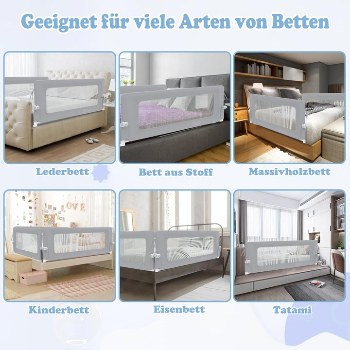 UISEBRT Bettgitter 200cm Bettschutzgitter Klappbar für Kleinkinder, Rausfallschutz Höhenverstellbar