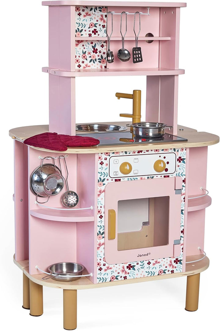 Janod - Twist Kinderküche aus Holz - Doppelseitige Küche - Mit 8 Utensilien - Ofen, Drehknöpfe, Koch