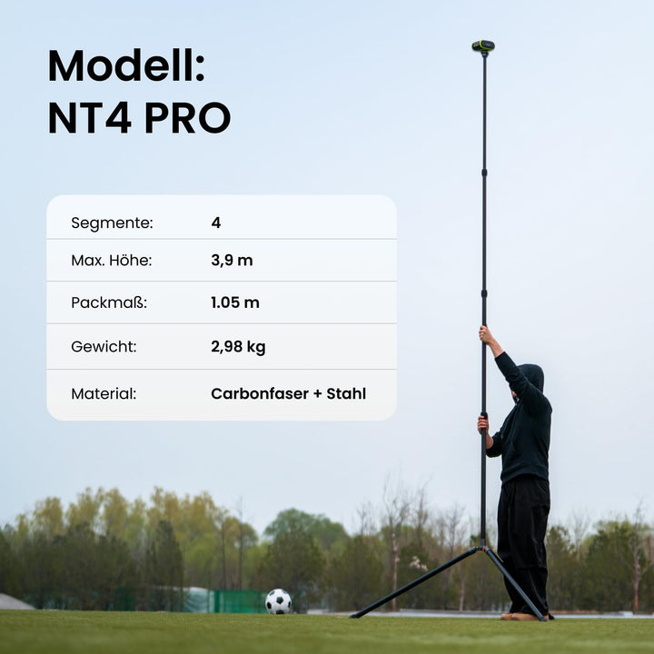 XbotGo NT4 PRO Carbonfaser-Kamerastativ 3,9m – Höhenverstellbar & faltbar mit Tragetasche, luftgedäm