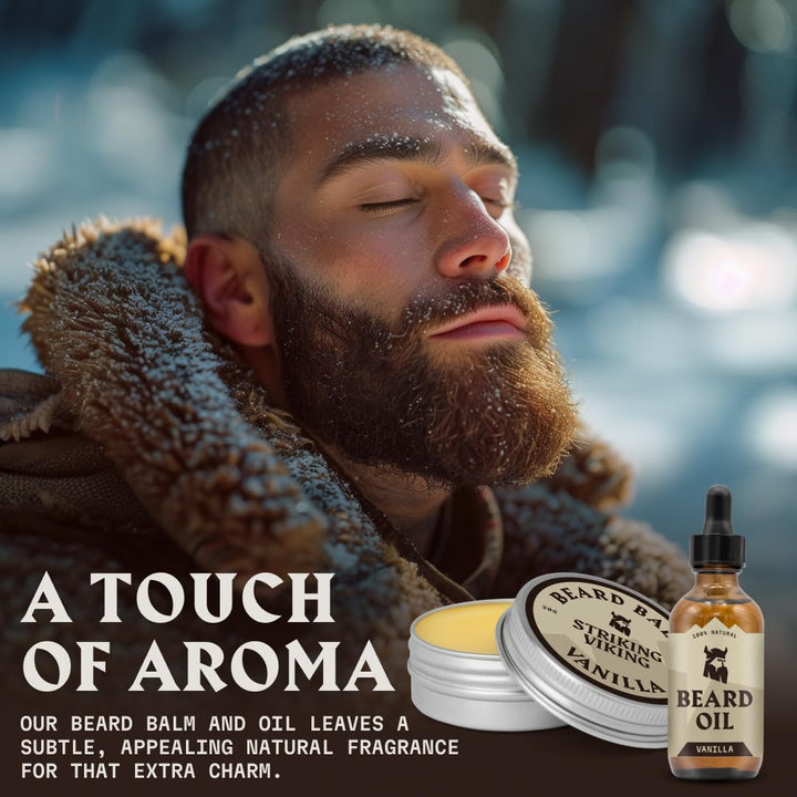 Striking Viking Bartpflege-Set mit Bartbalsam & Bartöl - 30 g / 30ml, Vanille - Bartöl mit Duft - Zä