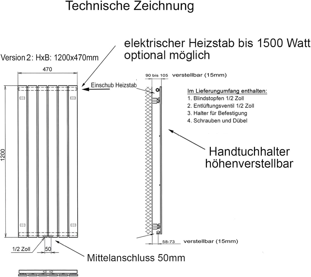 Badheizkörper Design Peking 2 120x47cm 799 Watt weiss (+ 2 Knopfhalter) SZAGATO Handtuchwärmer Handt