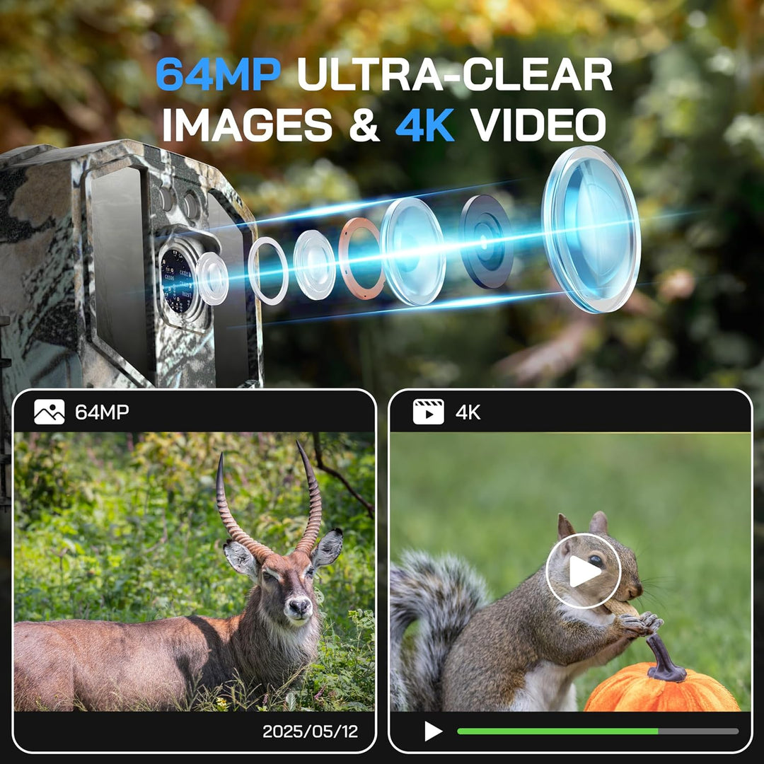 WOLFANG Wildkamera, 64MP 4K HD WLAN Wildtierkamera mit App, Jagdkamera mit Nachtsicht, Bewegungssens