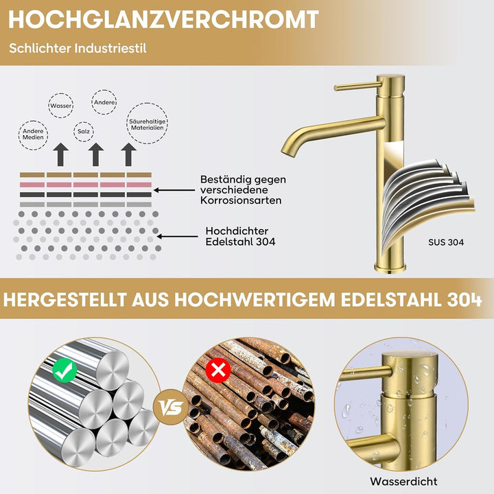 Waschtischarmatur Hoch, DETBOM Wasserhahn Bad-Mischbatterie, Keramischem Ventilkern, Armatur für Was
