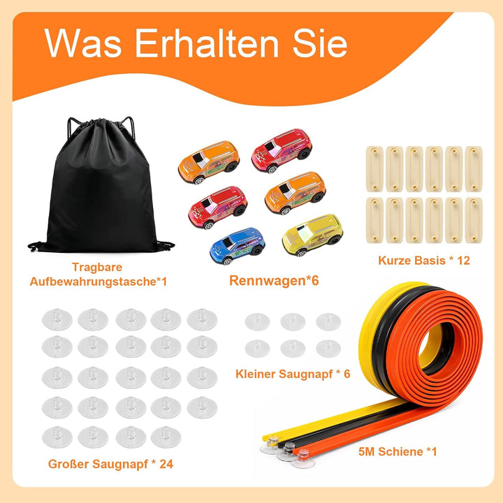 5M Flexible Autorennbahn Kinder, 3-in-1 Rennstrecke mit Rampen, Tragbare Rennbahn Flexibel mit 6 Aut