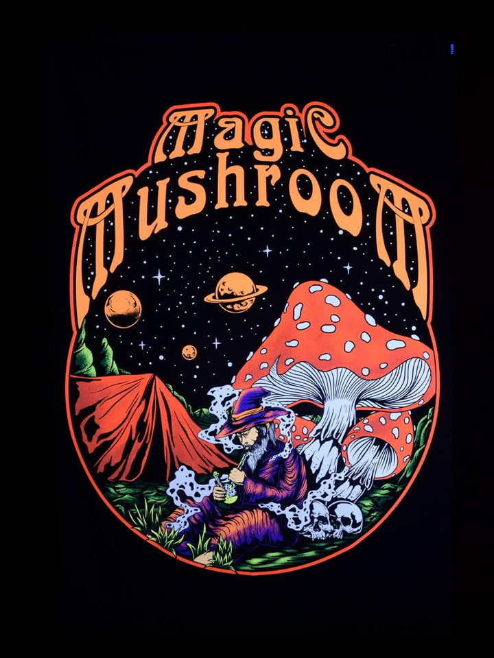 PSYWORK Schwarzlicht Stoffposter Neon | Magic Mushroom Druid | 1,5 x 2,25m | UV-aktiv | fluoresziere