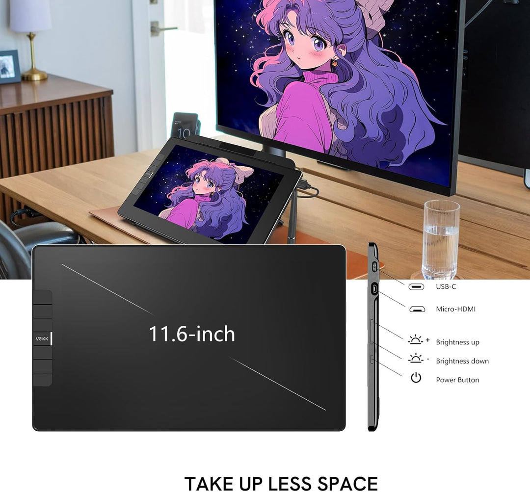 VEIKK Grafiktablett mit Display, VK1200 FHD IPS 11,6 Zoll Grafiktabletts mit 100% sRGB Bildschirm, 6