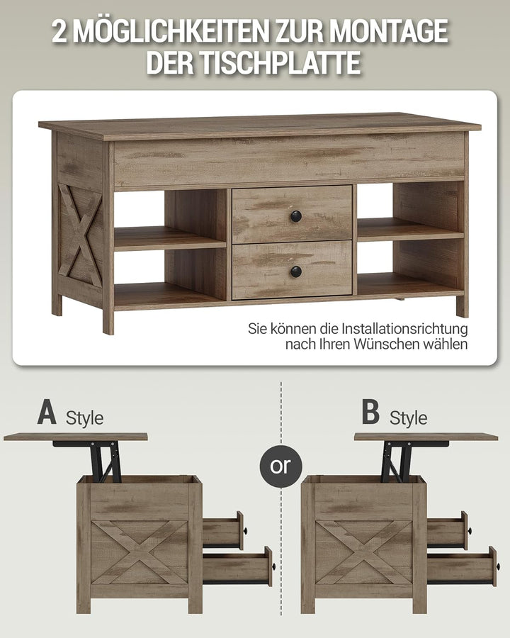 Hzuaneri Couchtisch, höhenverstellbarer Wohnzimmertisch, Sofatisch, 2 Schubladen und Versteckter Sta