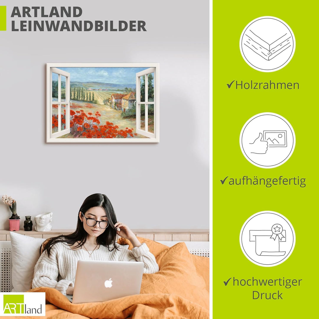 ARTland Leinwandbilder Bild Leinwand Wandbilder 70x50 cm Fensterblick Landschaft Toskana Italien Moh