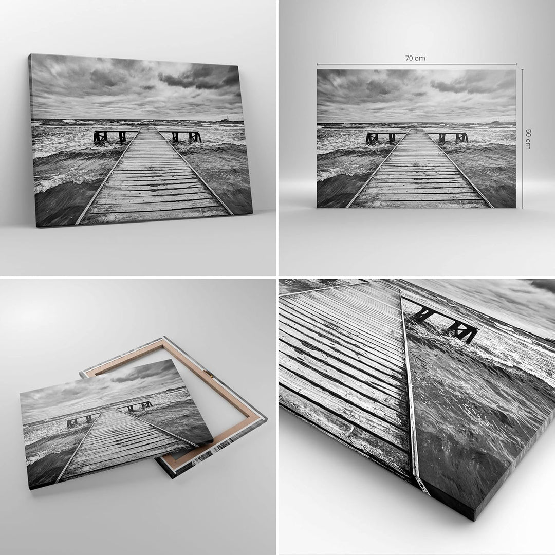 Bilder auf Leinwand Brücke Meer Welle Leinwandbild mit Rahmen 70x50cm Wandbilder Dekoration Wohnzimm