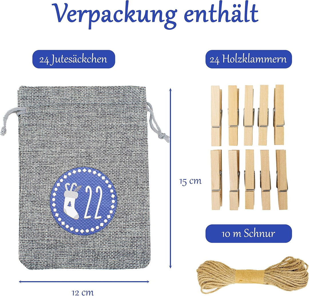 Adventskalender zum Befüllen [24 Stück] Weihnachtskalender 2025 Jutesäckchen 15 x 12cm Gross, Weihna