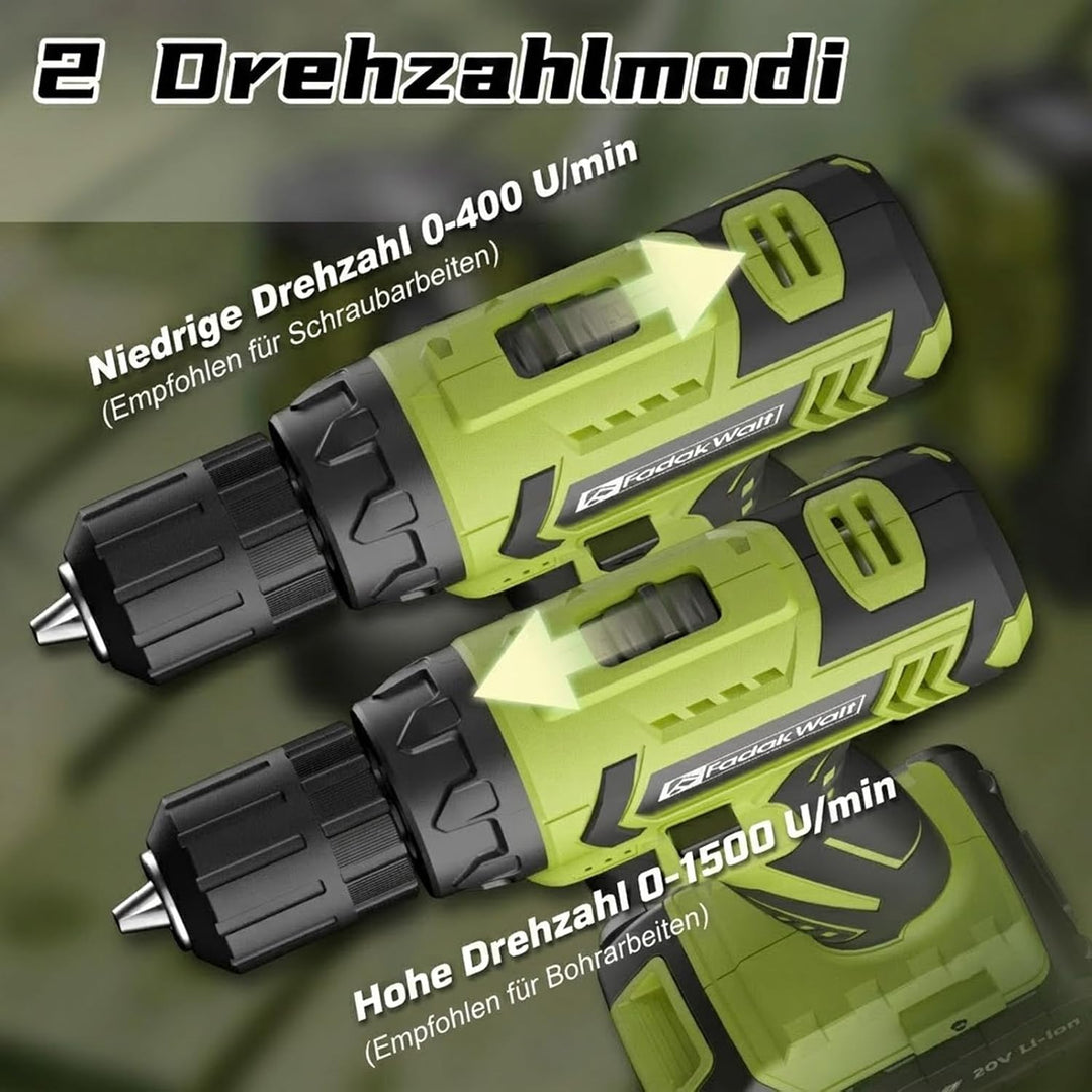 FADAWALT Akkuschrauber Set, 20V Akku Bohrschrauber Set mit 2 Akkus mit je 1300mAh, 21+1 Drehmomentst