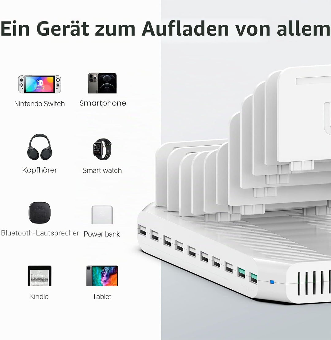 Unitek 96W 10 Ports USB Ladestation für mehrere Geräte mit 2*QC3.0 und Smart IC Organizer für Handys
