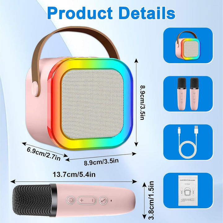 Mini Karaoke Maschine mit 2 Drahtlosen Mikrofonen, Karaoke Maschine Kinder, tragbarer Bluetooth-Laut