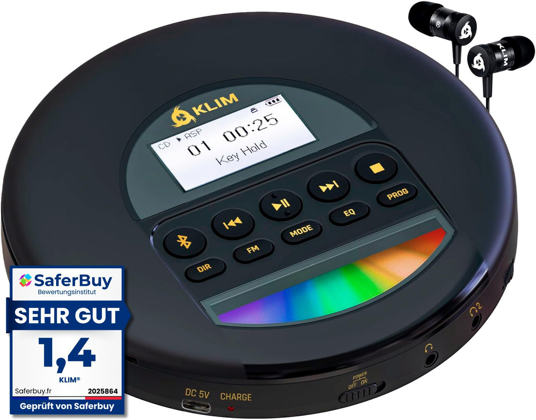 KLIM Nomad CD Player Bluetooth - Tragbarer CD-Player Discman mit langlebigem Akku - Inklusive Kopfhö