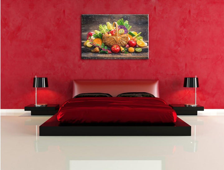 Pixxprint Frisches Obst und Gemüse im Korb Kunst Buntstift Effekt, Format: 100x70 auf Leinwand, 100x