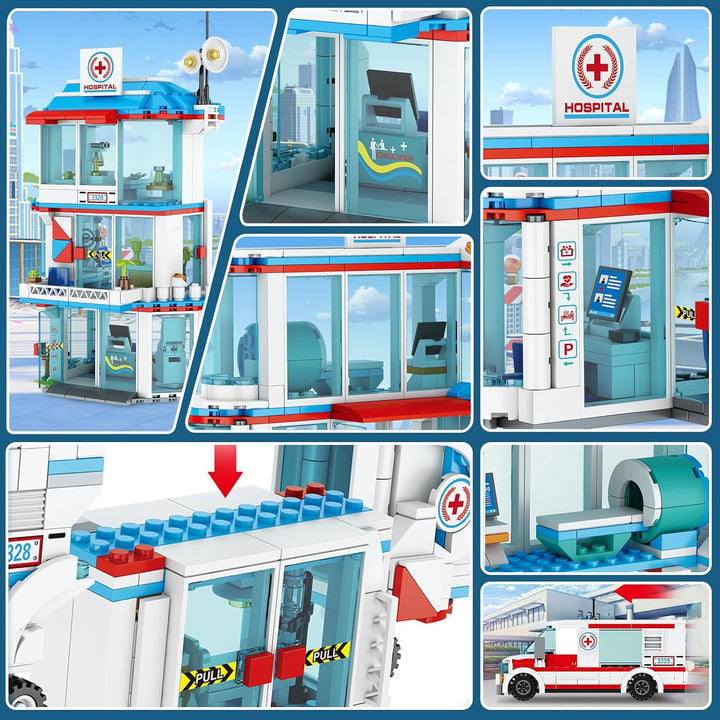 QLT QIAOLETONG City Krankenhaus 3 in 1 Baustein Set, Kompatibel Mit Lego Krankenhaus, inklusive Rett
