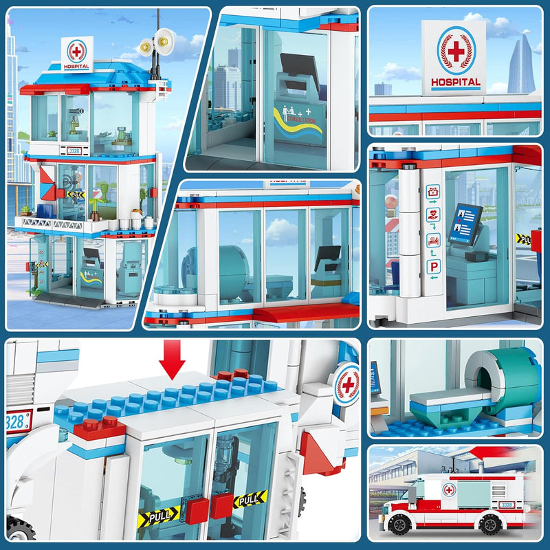 QLT QIAOLETONG City Krankenhaus 3 in 1 Baustein Set, Kompatibel Mit Lego Krankenhaus, inklusive Rett