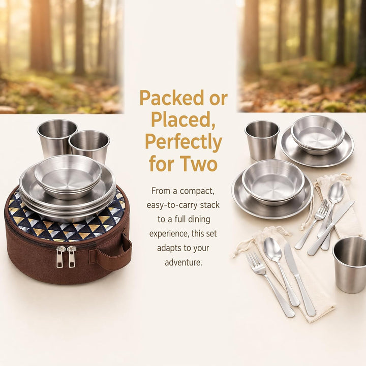 Campingbesteck Set 2 Person, 15 Stück Edelstahl Besteck mit Etui Messer Gabel Löffel Teller Kaffeebe