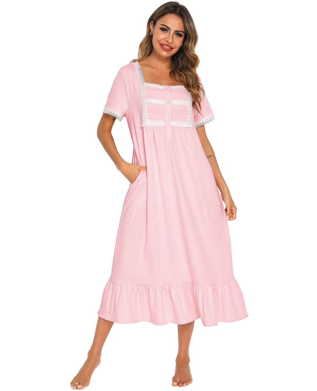 Nanxson Damen Nachthemd Kurzarm Baumwoll Nachtwäsche Vintage Viktorianischen Spitze Nachtkleid Schla