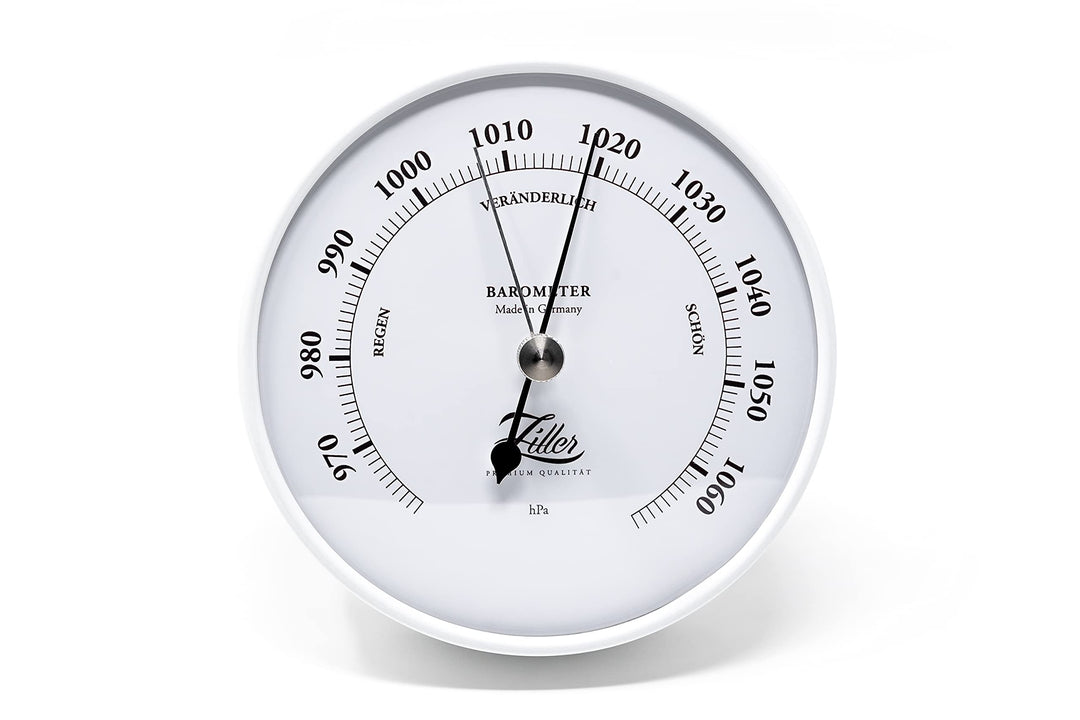 ZILLER Barometer, Serie Retro, Gehäuse Weiss, Ziffernblatt Weiss, Durchmesser 10cm, Made in Germany