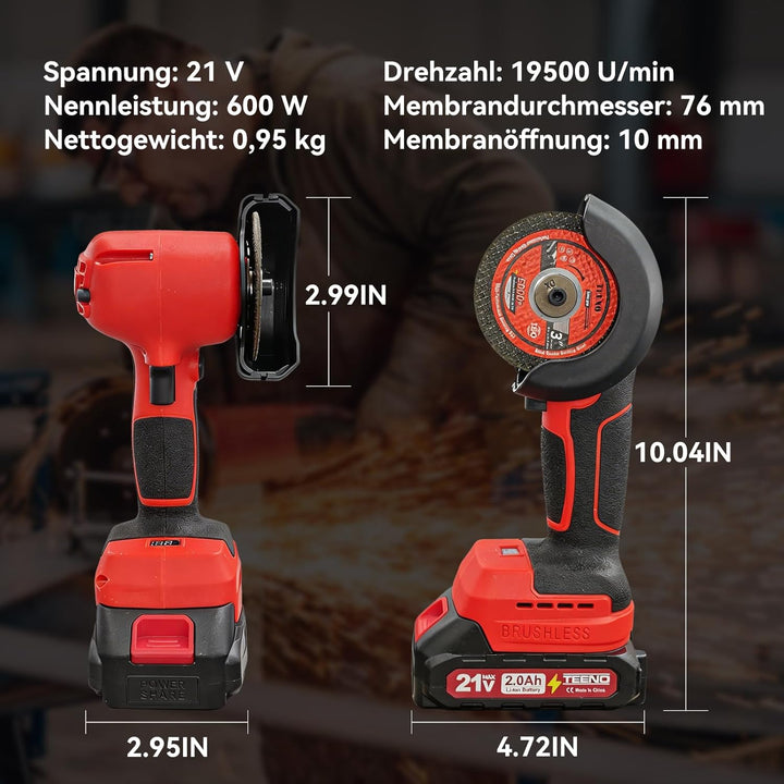TEENO 21V Winkelschleifer mit Bürsten, 19500 U/min, inklusive 2 Akkus mit 1500mAh und 6 Schleifschei