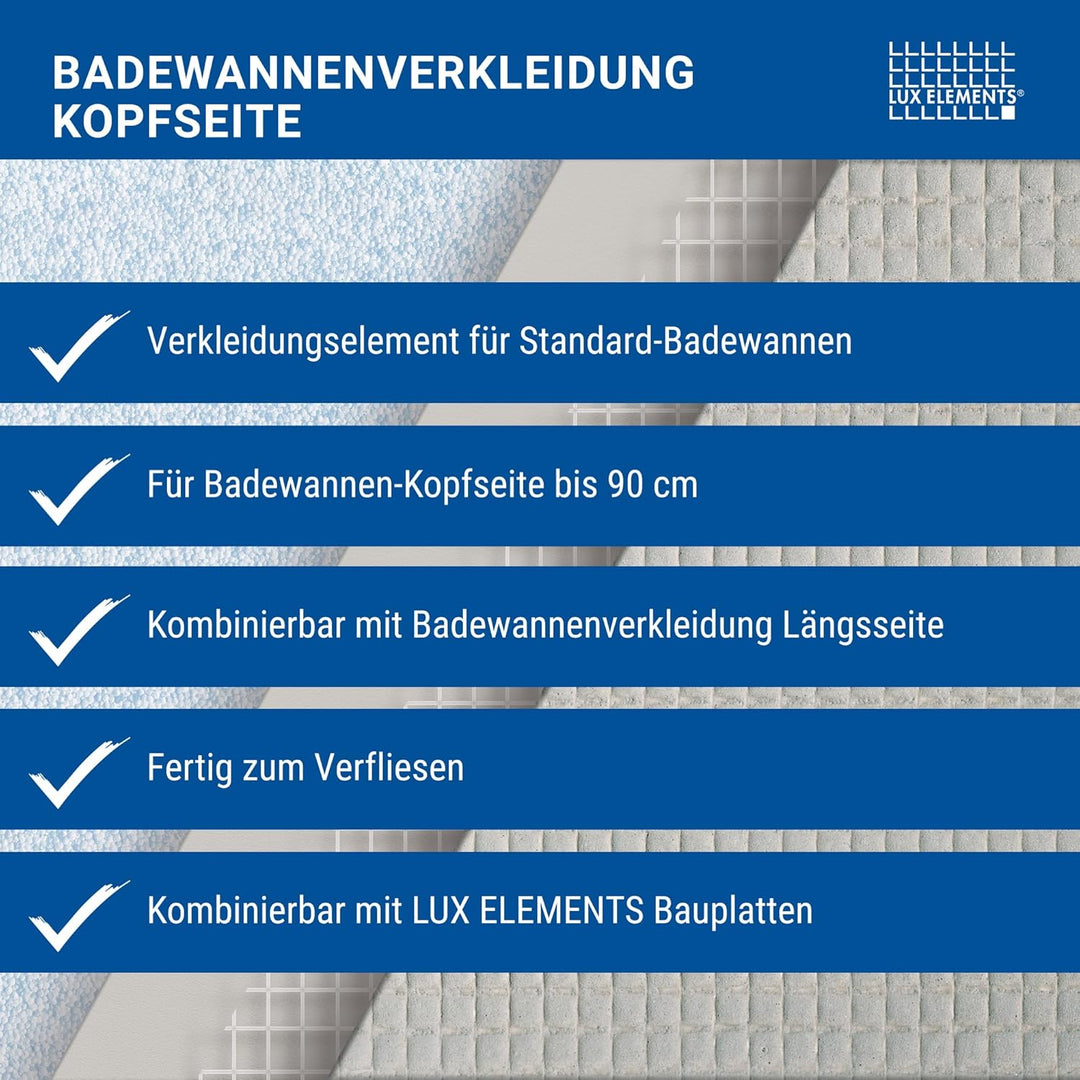 LUX ELEMENTS Badewannenverkleidung Kopfseite Fertig zum Verfliesen 90 x 60cm I Hartschaumplatte 3cm