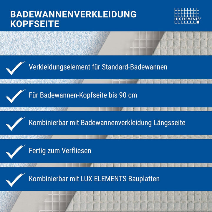 LUX ELEMENTS Badewannenverkleidung Kopfseite Fertig zum Verfliesen 90 x 60cm I Hartschaumplatte 3cm