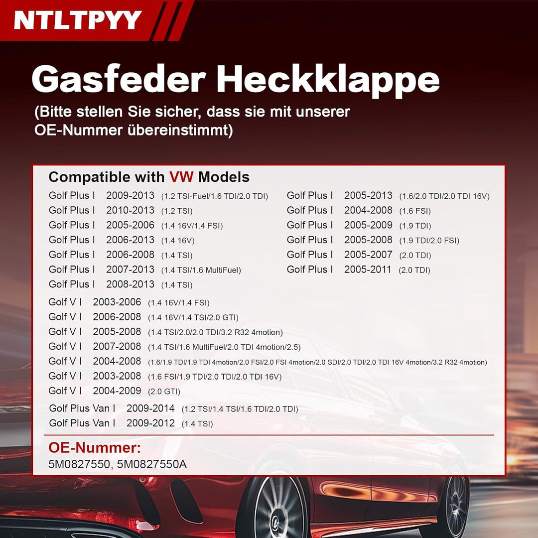 Heckklappen Gasdruckfeder Kompatibel mit VW Golf Plus 2004-2013 Golf V 2003-2009, 2 Stück Heckklappe