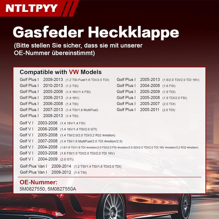 Heckklappen Gasdruckfeder Kompatibel mit VW Golf Plus 2004-2013 Golf V 2003-2009, 2 Stück Heckklappe