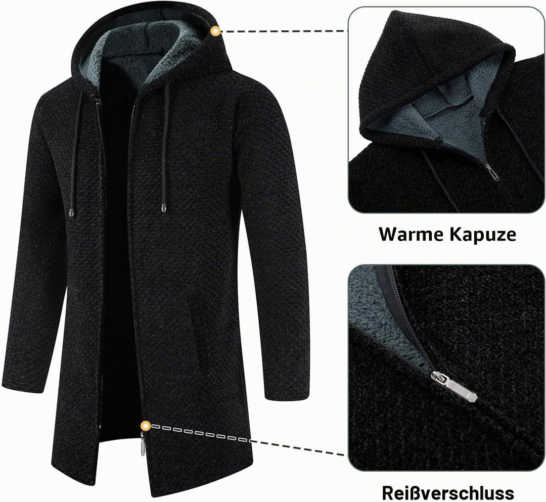 KUDORO Strickjacke Herren Cardigan Lang Trachtenjacke Kapuze mit Kapuze Gestrickt Pullover Hoodie Wi