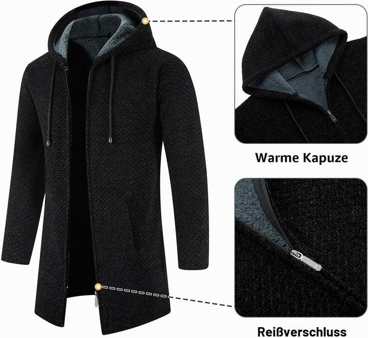 KUDORO Strickjacke Herren Cardigan Lang Trachtenjacke Kapuze mit Kapuze Gestrickt Pullover Hoodie Wi