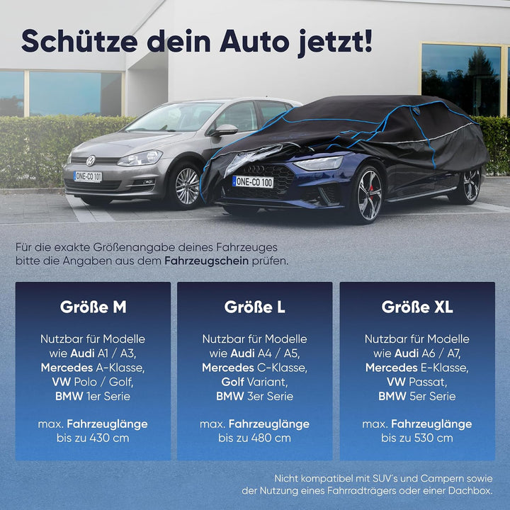 OneCover Premium Hagelschutz Auto Abdeckung – 4 mm Eva Polsterung, Ganzjahresschutz, Sturmfest, Refl