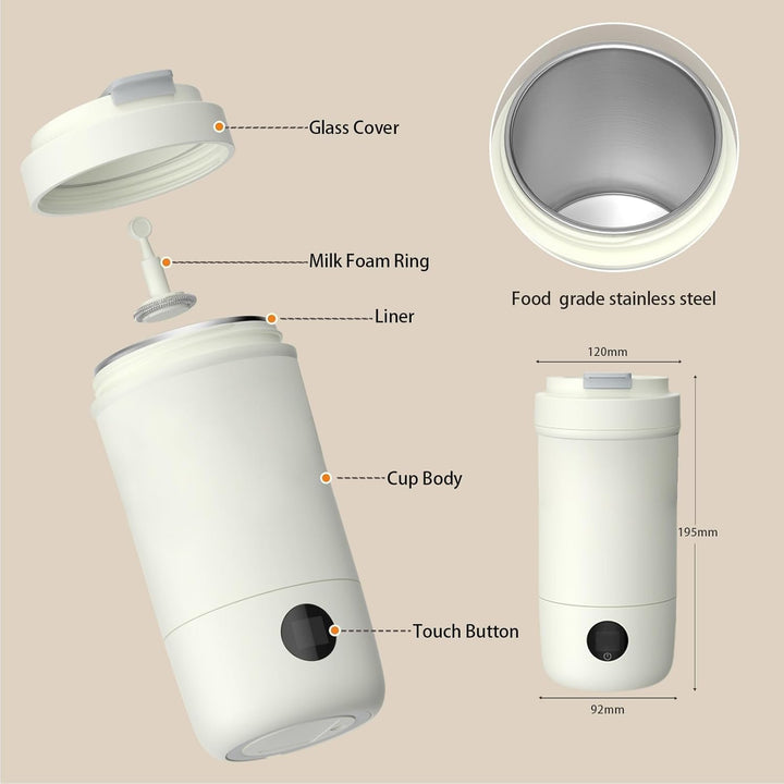 400ml Reise Wasserkocher mit Heiss-/Kalt-Milchschäumer, 3 Mix-Stufen, 6-Temperaturstufen, Touchsteue