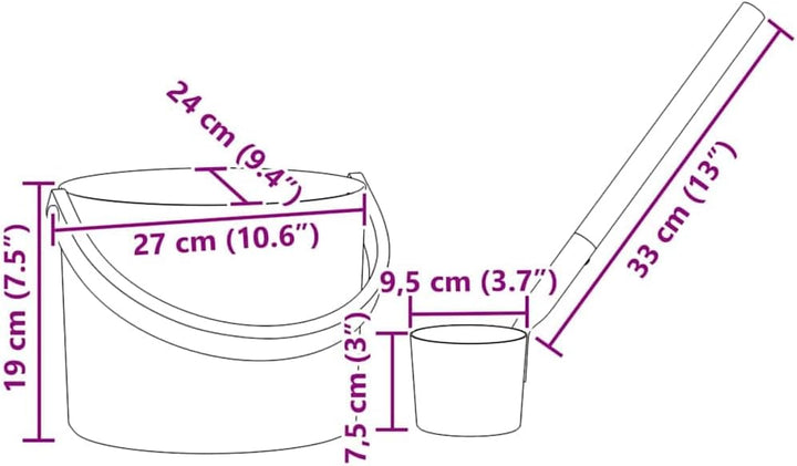 Sauna Zubehör Set 2-teilig Schwarz aus Aluminium und Kiefernholz mit 7L Eimer und Schöpflöffel für I