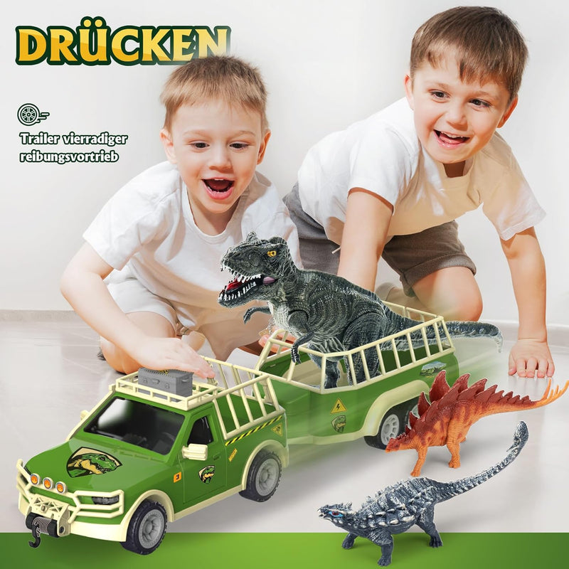 Coroiesty Dinosaurier Spielzeug Set, Tyrannosaurus Rex für Kinder 3-5 Jahre, DIY Transportauto mit 4