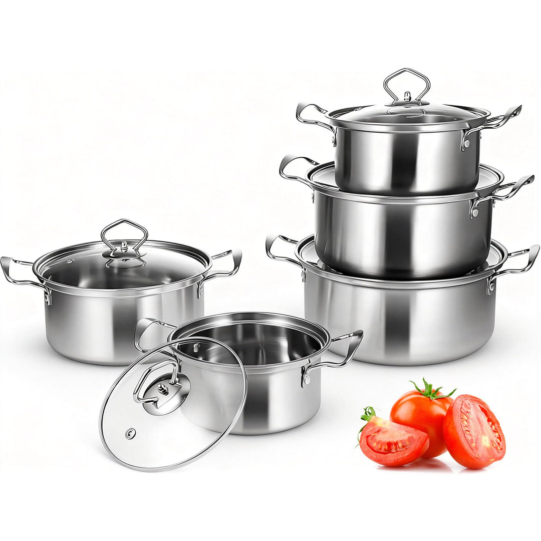 Topfset Induktion 10-Teilig, Topfset aus Edelstahl mit Glasdeckel | Induktions Töpfe set, für alle H