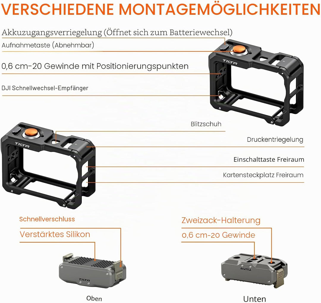 Tilta Action 6 Cage, Kamerakäfig-Basisset Kompatibel mit DJI Osmo Action 6 mit Schnellwechsel-Montag